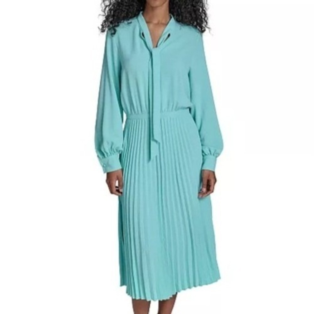Calvin Klein Tie Neck Pleated Long Sleeve Aqua A Line Skirt Dress Womens Size 16